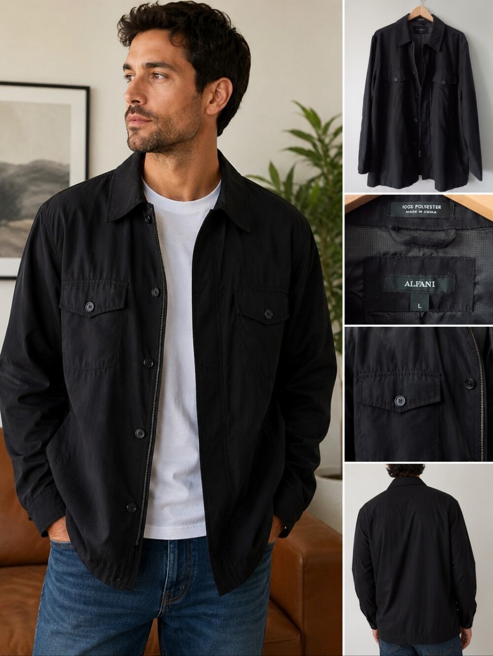 Alfani Black Zip Front Lightweight Utility Shirt Jacket